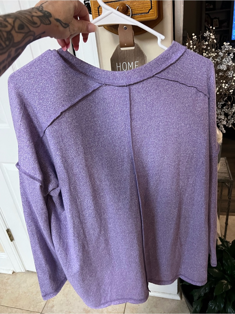 Zenana Outfitters Lavender Cherry Leopard Graphic Scoop Neck Lightweight Sweater - Picture 5 of 7